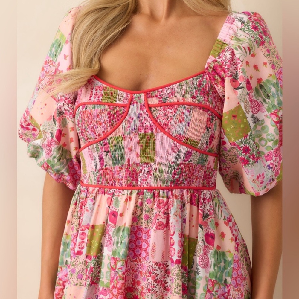 STRUT & BOLT PINK/GREEN PATCHWORK MIDI DRESS - Picture 2 of 4